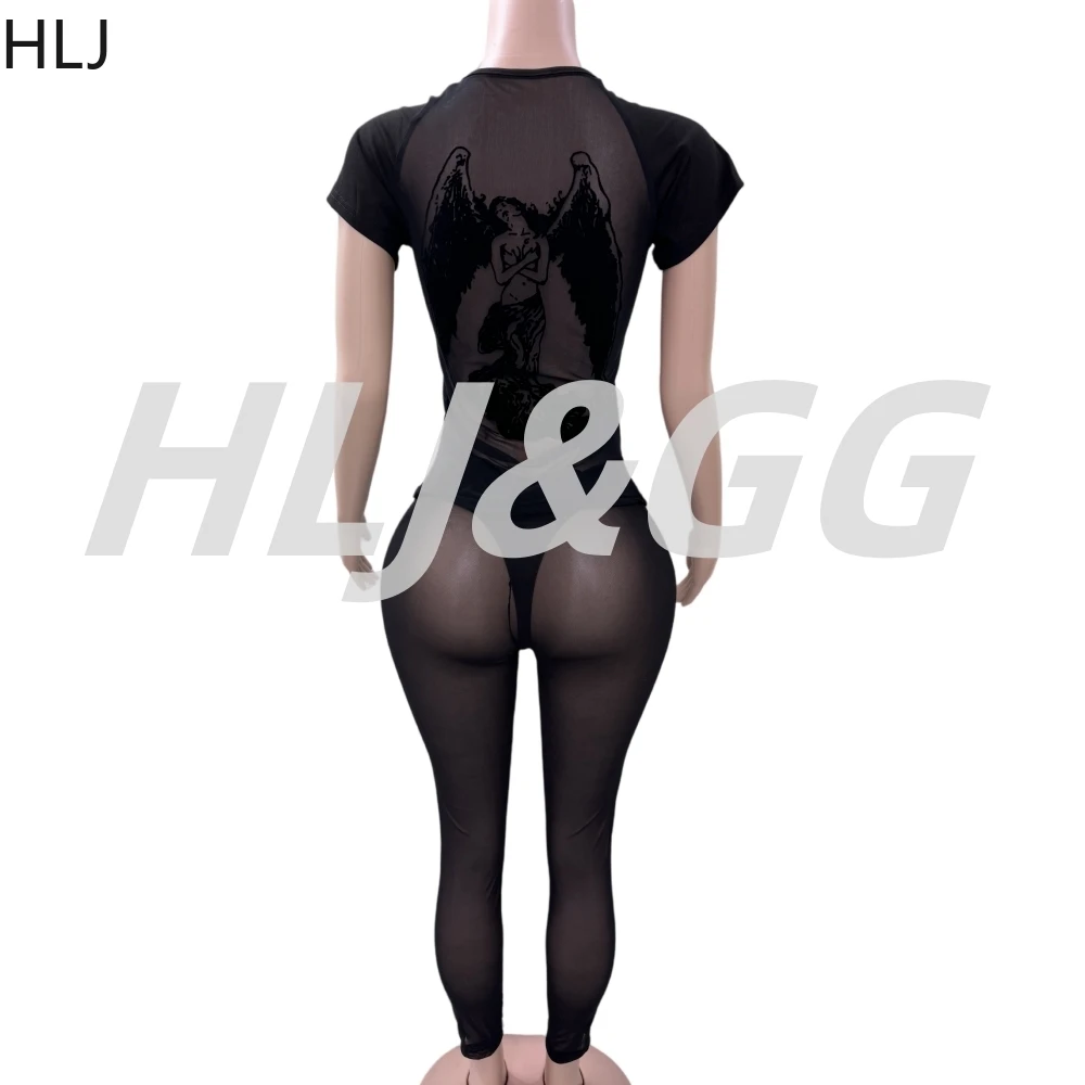 HLJ&GG Black Fashion Mesh See Though Print Two Piece Sets Women O Neck Short Sleeve Slim Top And Skinny Pants Outfits Streetwear
