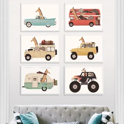 Funny Cartoon The World of Animals Cars Art Nursery Wall Poster Print Zebra Children Kids Room Canvas Painting Home Decor