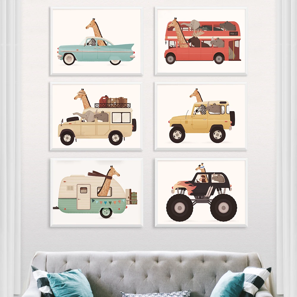 Funny Cartoon  The World of Animals Cars Art Nursery Wall Poster Print Zebra Children Kids Room Canvas Painting Home Decor