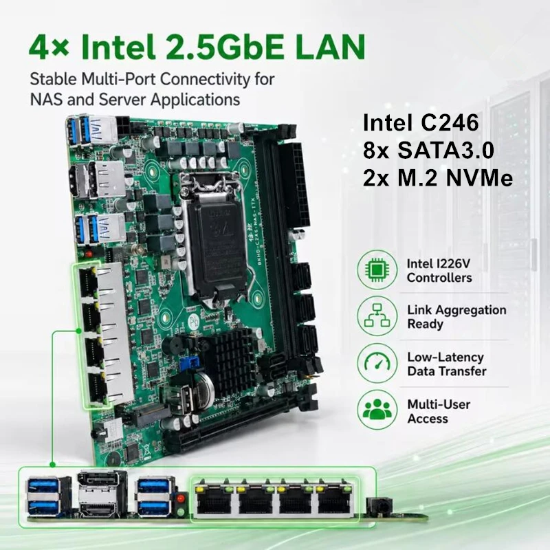 Topton C246 NAS ITX Motherboard 8*SATA3.0 4*I226 2.5G 2*M.2 NVME 2*DDR4 PCIE 16X NAS Board LGA1151 Support 8th/9th Core Xeon CPU