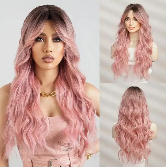 

Synthetic Long Wavy Curly Ombre Top Black to Pink Color Wigs with Side Bangs for Women Heat Resistant Party Daily Hair Natural