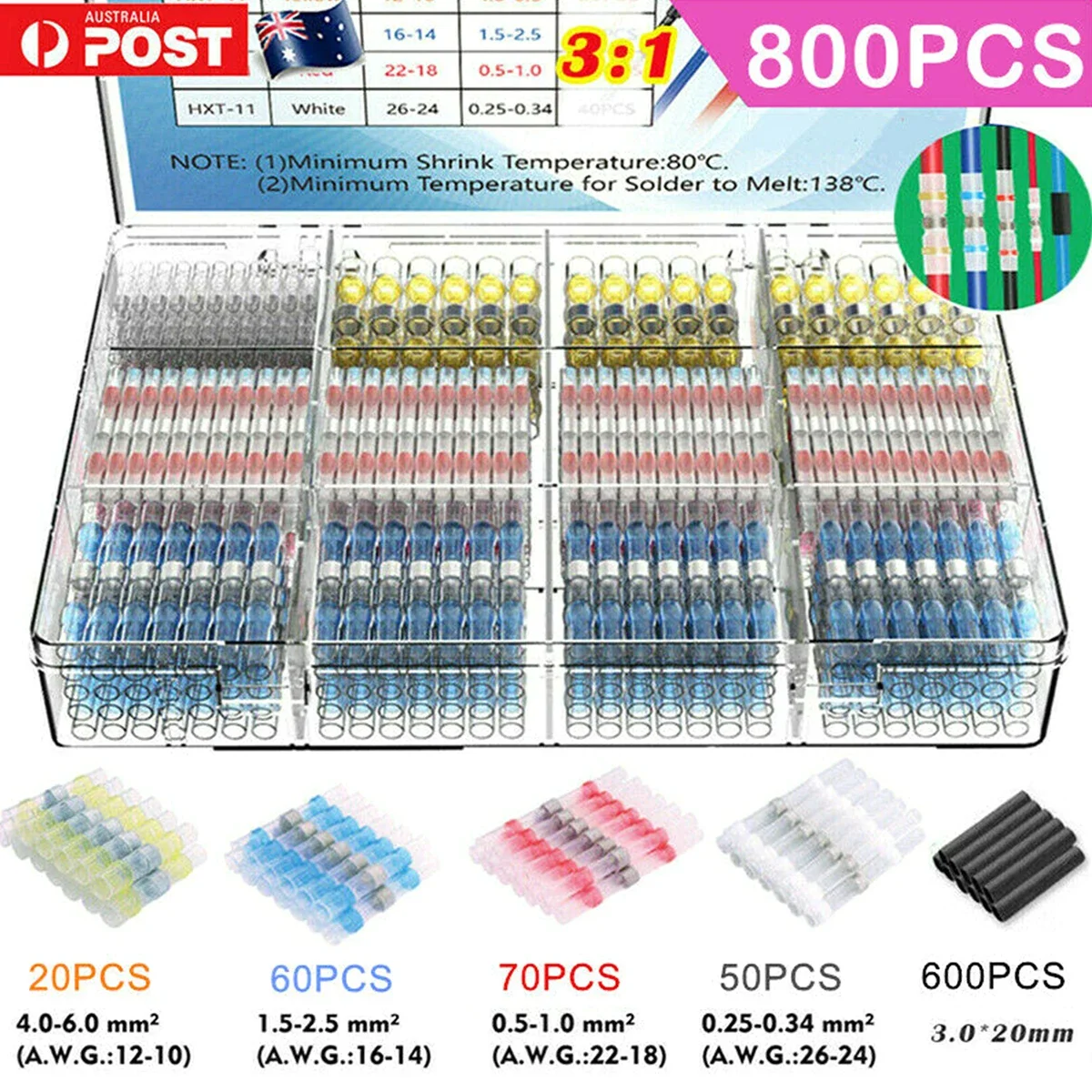 800Pcs Solder Seal Wire Connector Kit Solder Seal Butt Terminal Waterproof Insulated Electrical Wire Splice for Automotive