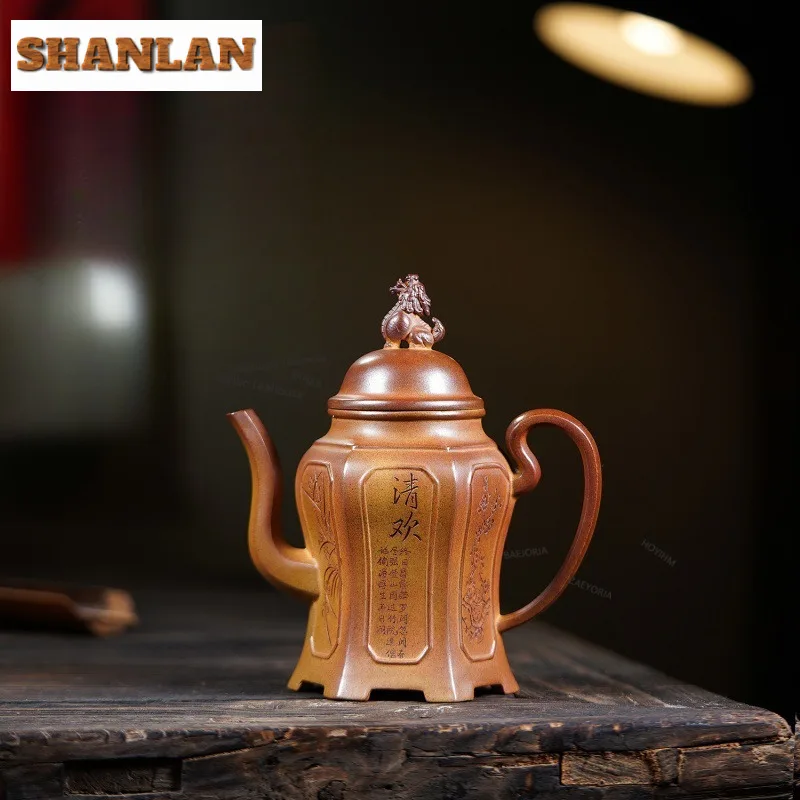 530ml Antique Yixing Purple Clay Teapots Handmade Hexagonal High Golden Bell Pot Raw Ore Section Mud Kettle Chinese Zisha Teaset