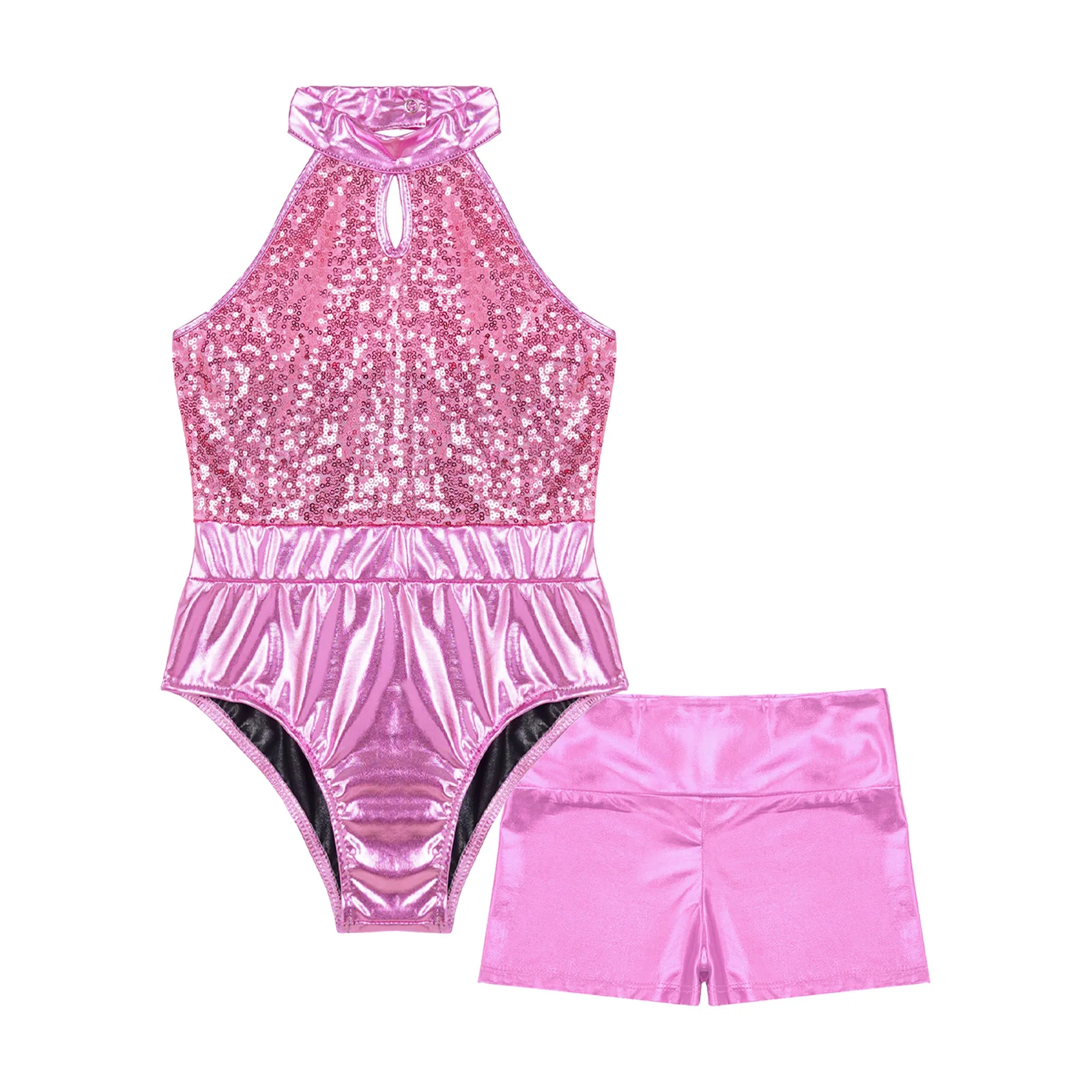 Bambini ragazze Halter paillettes balletto ginnastica body con pantaloncini Jazz Hip-Hop Dancewear set per spettacoli di competizione di danza