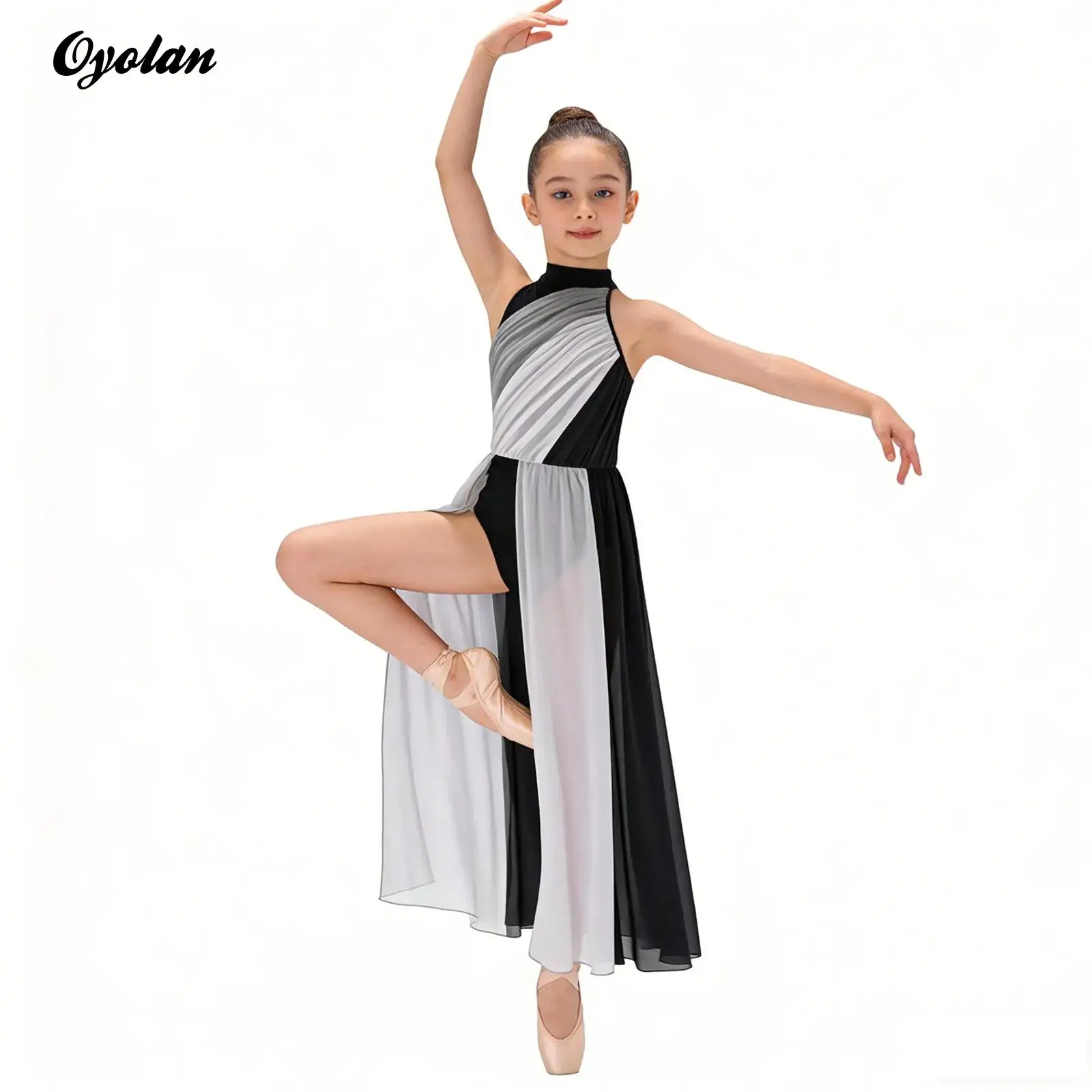 

Kids Girls Gymnastics Leotard Modern Contemporary Dance Performance Costume Ballet Jersey Skirted Maxi Gown Chiffon Long Dresses