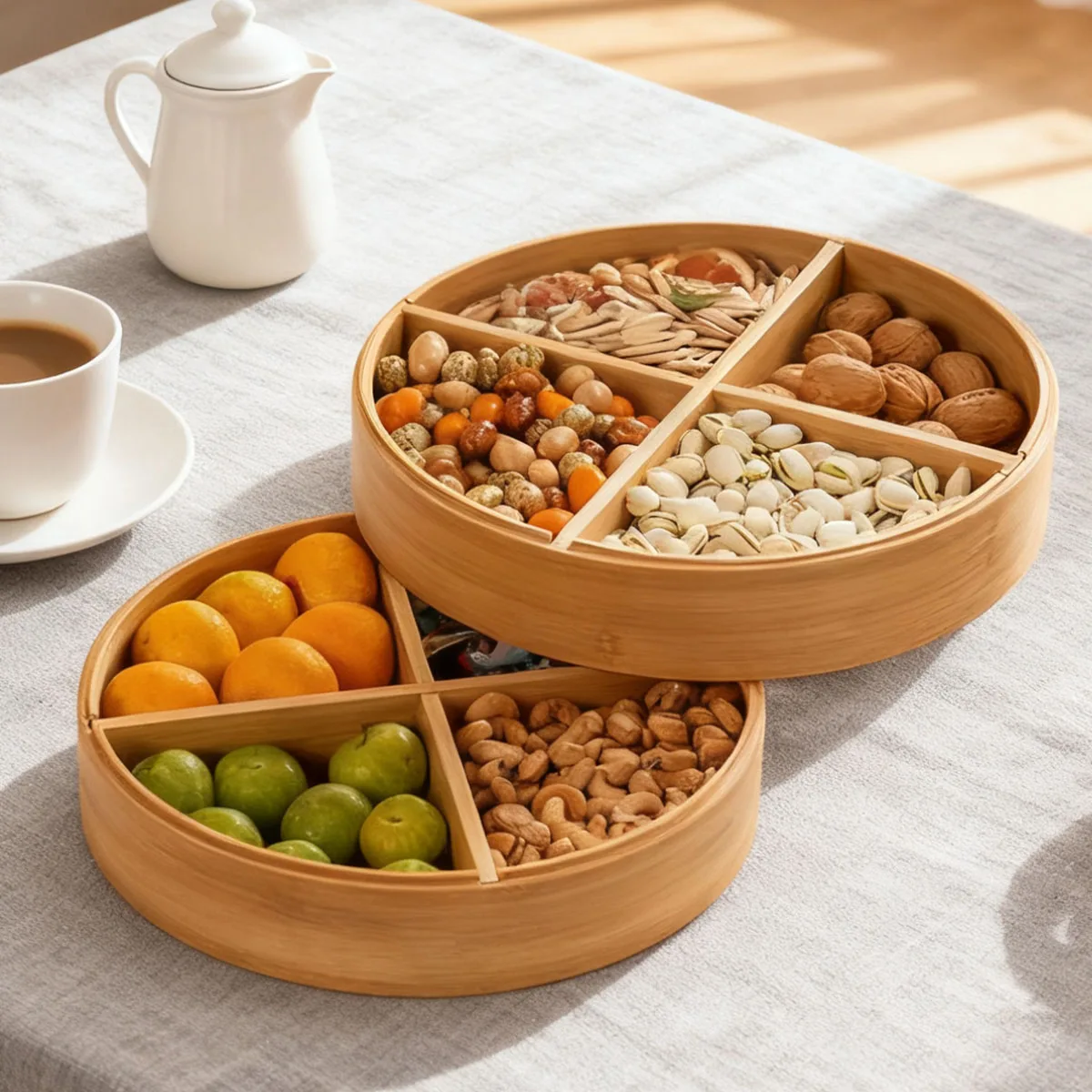 

Бамбуковое хранилище с 4 отделениями (1/2 уровня, бамбуковая/стеклянная крышка) — 11,8-дюймовое блюдо для закусок для сухих фруктов, идеально подходит для вечеринок и столешниц