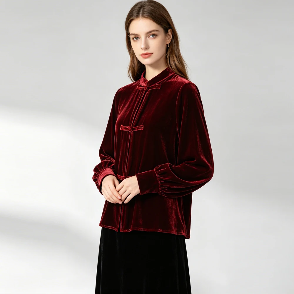 2026 Women's Fashion Autumn New 30% Natural Mulberry Silk Velvet Royal Blue Retro Stand Collar Buckle Long Sleeved Shirt