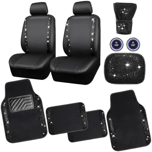 

Bling Diamond Car Seat Covers & Anti-Slip Floor Mats Set - Black Sparkly Rhinestone Auto Accessories for Women