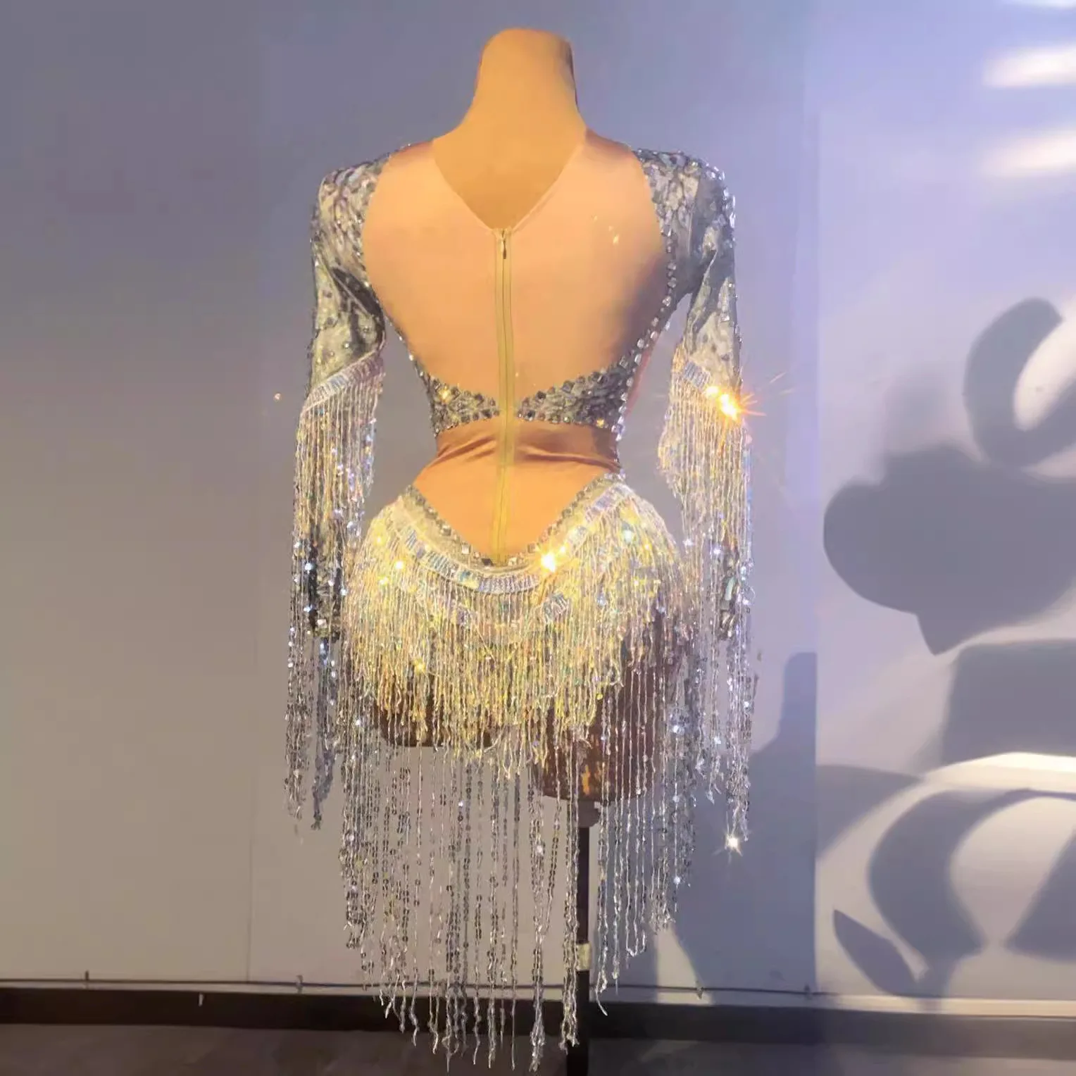 Zilveren pailletten kwastje diamant lange mouwen jumpsuit bar nachtclub vakantie feest zangeres toonaangevende dans podiumkleding