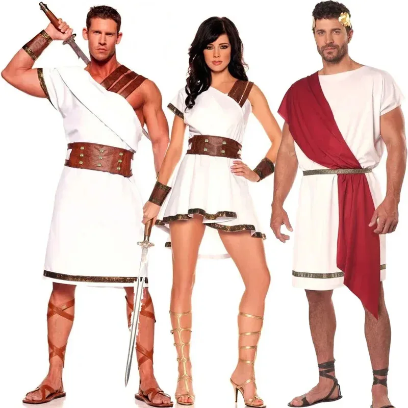 

Mens Ancient Greek God Gladiator Cosplay Costumes Toga with Sleeves One Shoulder Embroidered Trim Roman Robe Detachable Cuffs