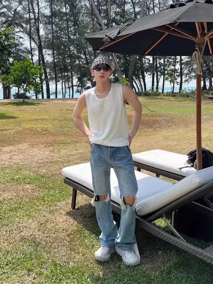 

Мужские летние винтажные рваные джинсы American Sle, свободные драпированные широкие брюки длиной до пола, свободные драпированные брюки