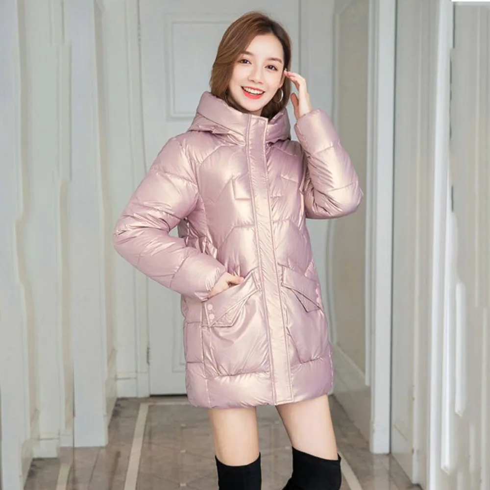 Wash-free Glossy Fashion Eiderdown Cotton-padded Jacket Female Temperament In the Long Korean Version Of Loose Hooded Warm Coat