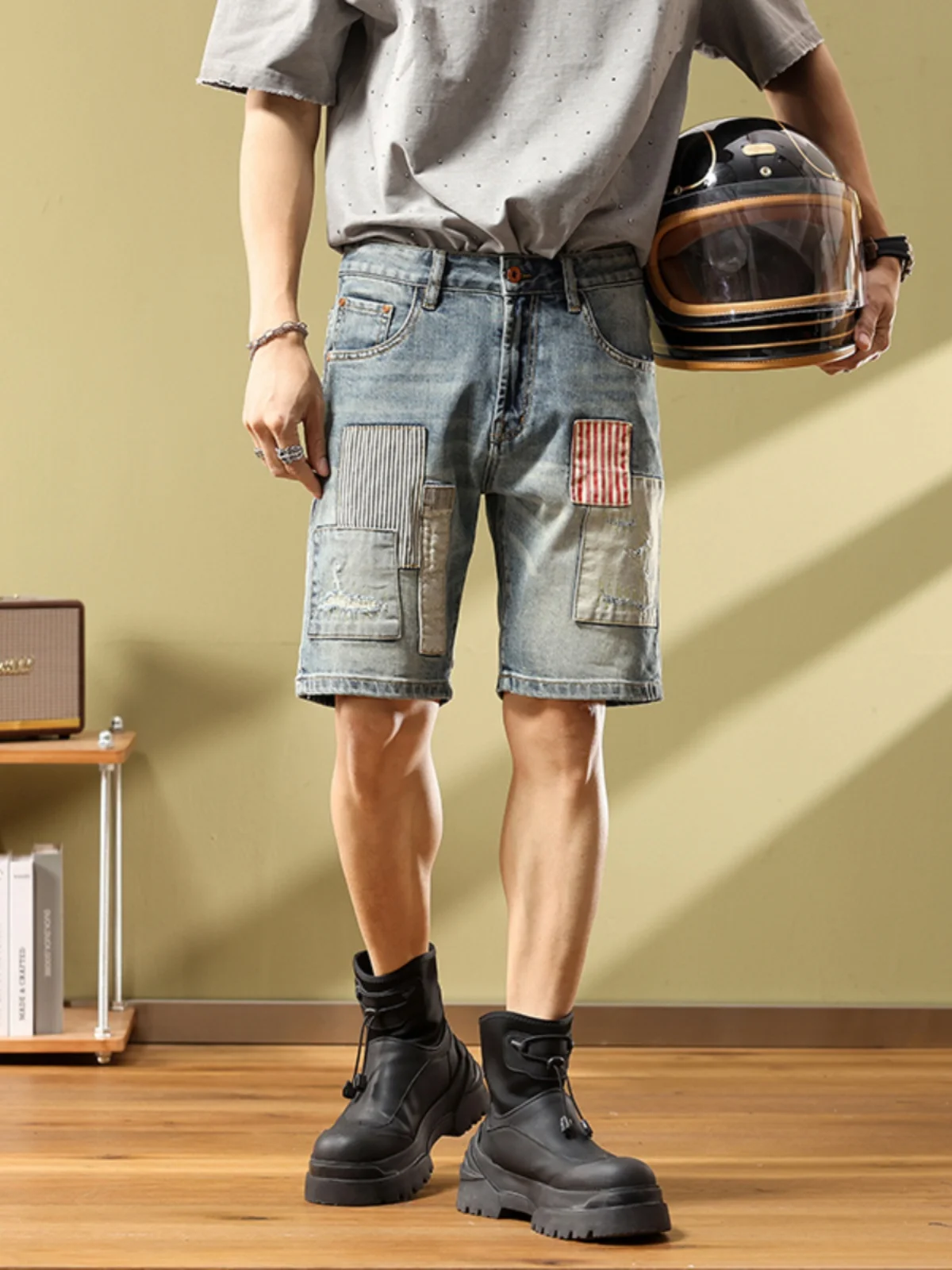 

Мужские джинсовые шорты High Street в стиле пэчворк, прямые, зауженные, длиной до середины икры, винтажные, ретро, из хлопкового стрейч-денима, для повседневной носки