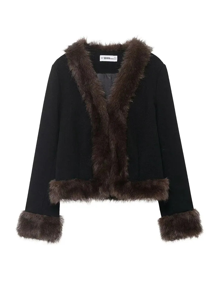 

HH женские теплые короткие куртки High Street с однотонным меховым воротником и v-образным вырезом с длинными рукавами, женские зимние новые модные тонкие пальто