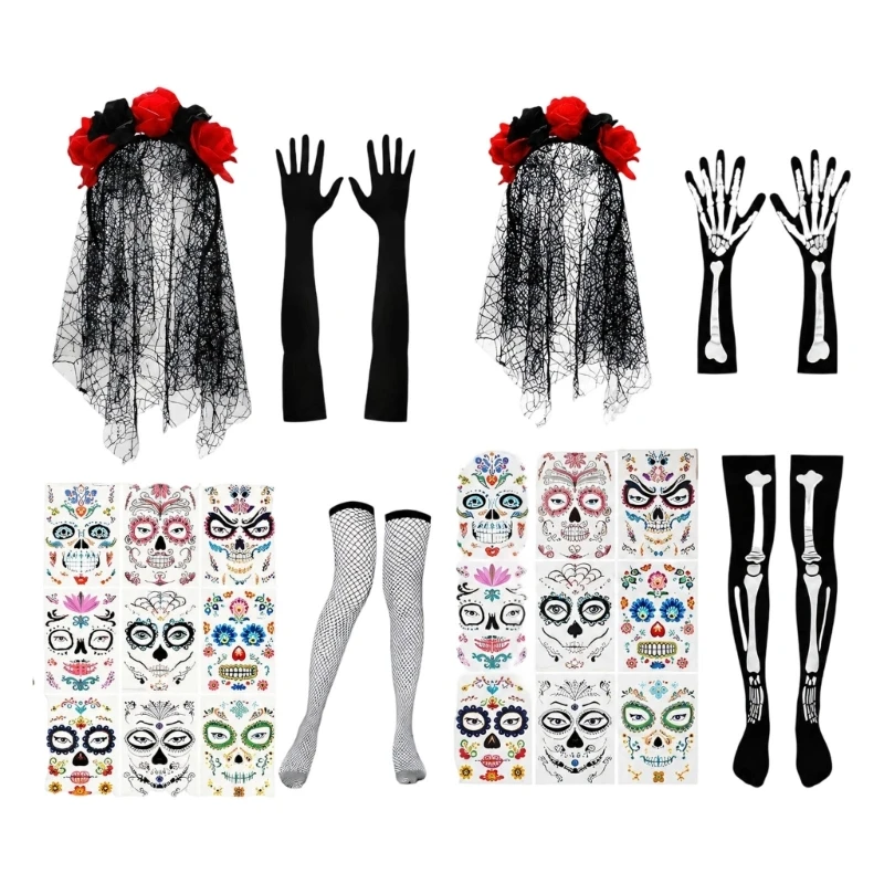 Sugar Skull Costumes Skeleton Bride Costume Set with Lace Headpiece, Gloves and Legwear for Halloween Party Costume and Gothic
