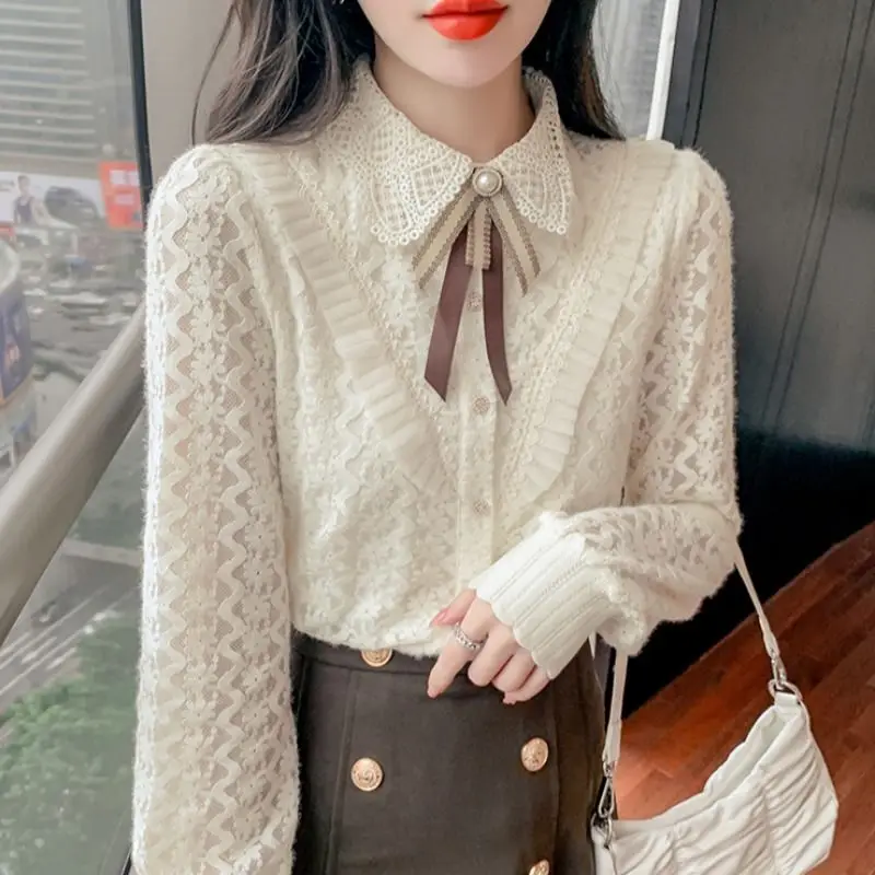 Spring Autumn Lace Patchwork Bottoming Shirt Women New Clothing Fashion Loose Buttons Elegant All-match Long Sleeve Tops Trend