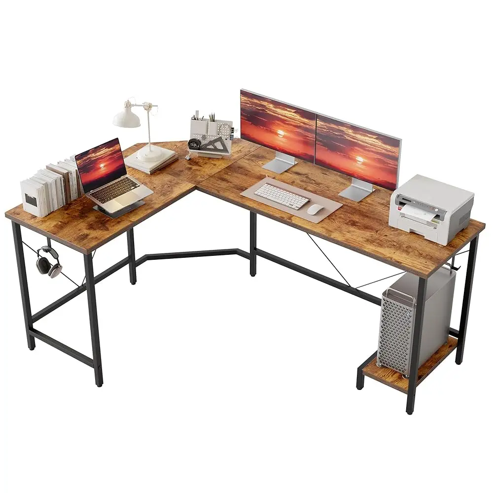 

Modern L-Shaped Computer Desk With Monitor Stand | 66"" Corner Home Office Desk With Storage Shelves | Spacious Workstation For