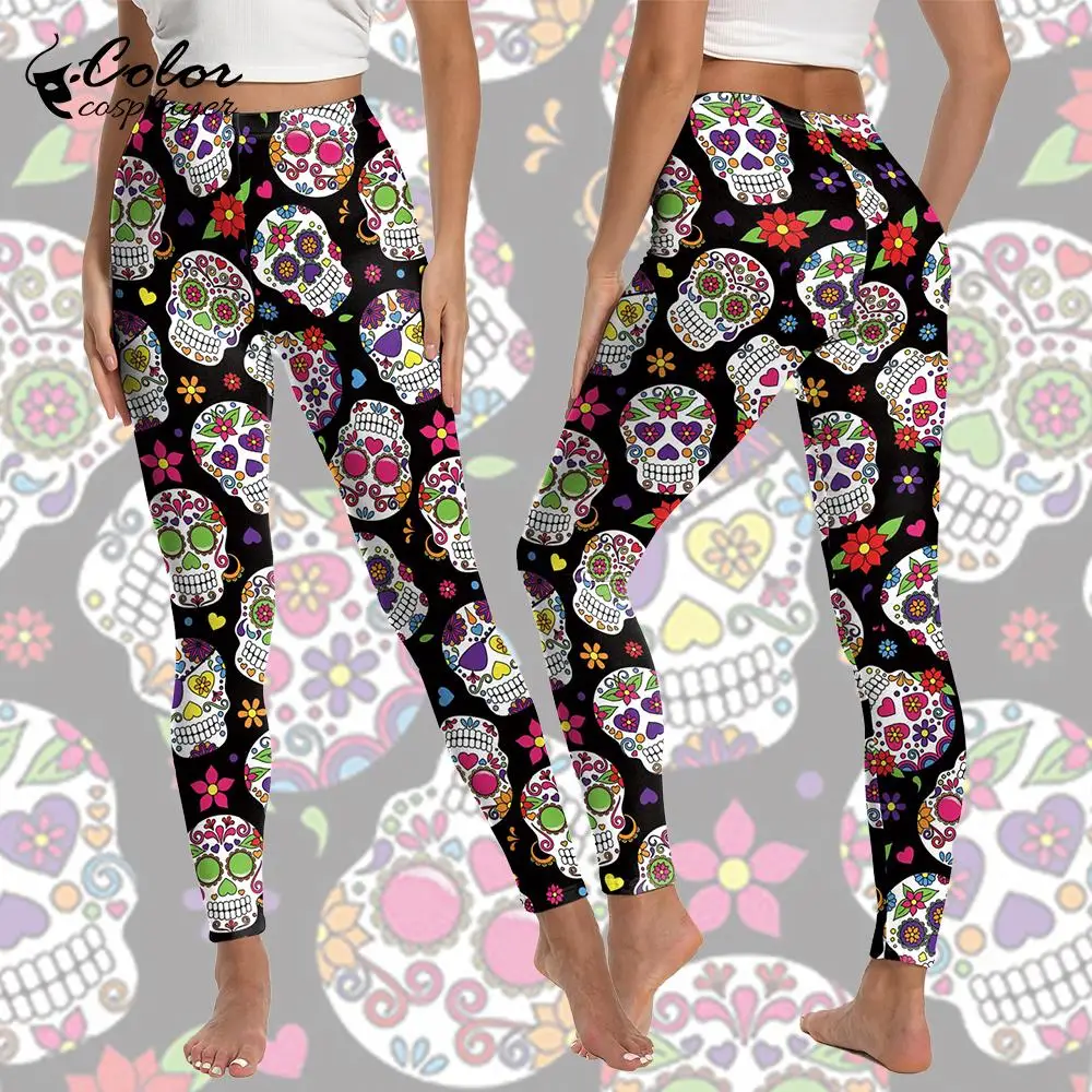 Mallas con patrón de calavera para mujer, pantalones ajustados elásticos para Halloween, Yoga, Festival, atuendo gótico, Color Cosplay