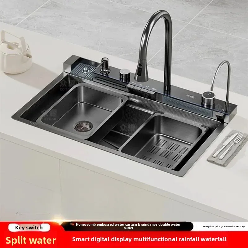 

Thickened Kitchen Digital Display Whale Flying Rain Sink Large Single Slot Waterfall Nano Honeycomb Stainless Steel Vegetable