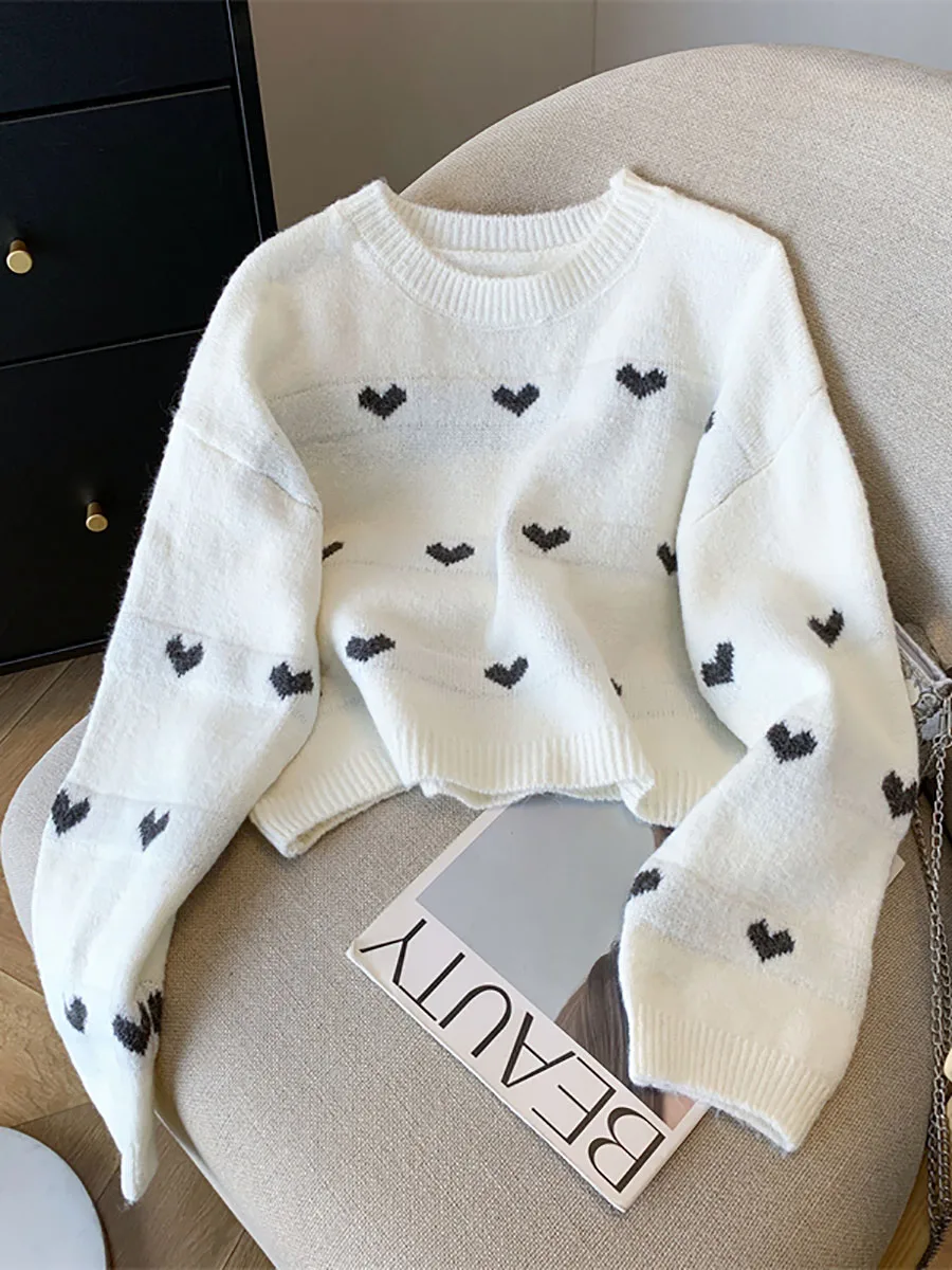 

Свитер с принтом сердца, женский осенне-зимний новый корейский стиль, повседневный свободный короткий пуловер, модные персонализированные пальто в ленивом стиле