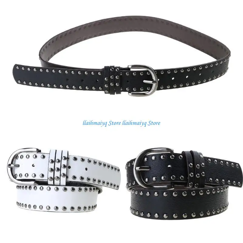 

573B Metal Buckle Belts for Women Rivet Studded Jeans Belt Eye Catching Casual Waistband Fashion Hiphop Waiststrap Wide Belt