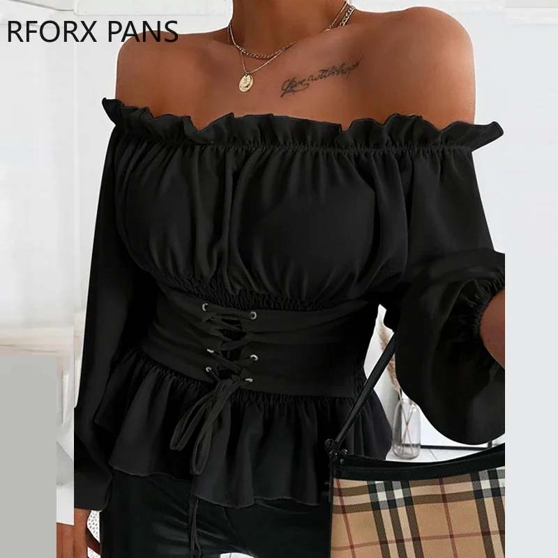 Off Shoulder Lace-Up Front Ruches Casual Blouse Plus Size Tops Lente Tops En Blouses