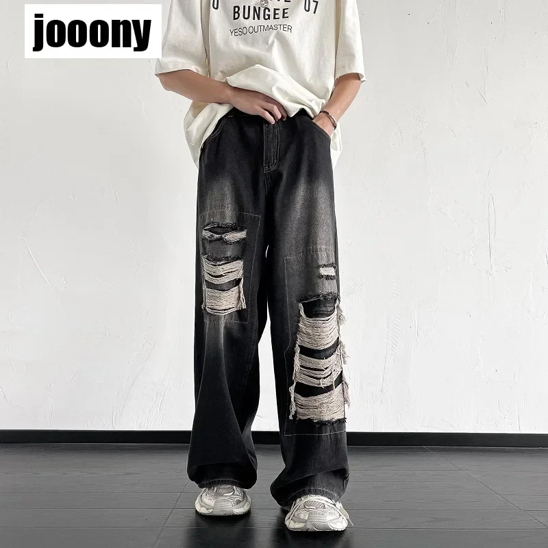 

American Style Hole Baggy Jeans Men Y2K Autumn High Street Wide Leg Denim Pants 2023 Versatile Straight Denim Trousers
