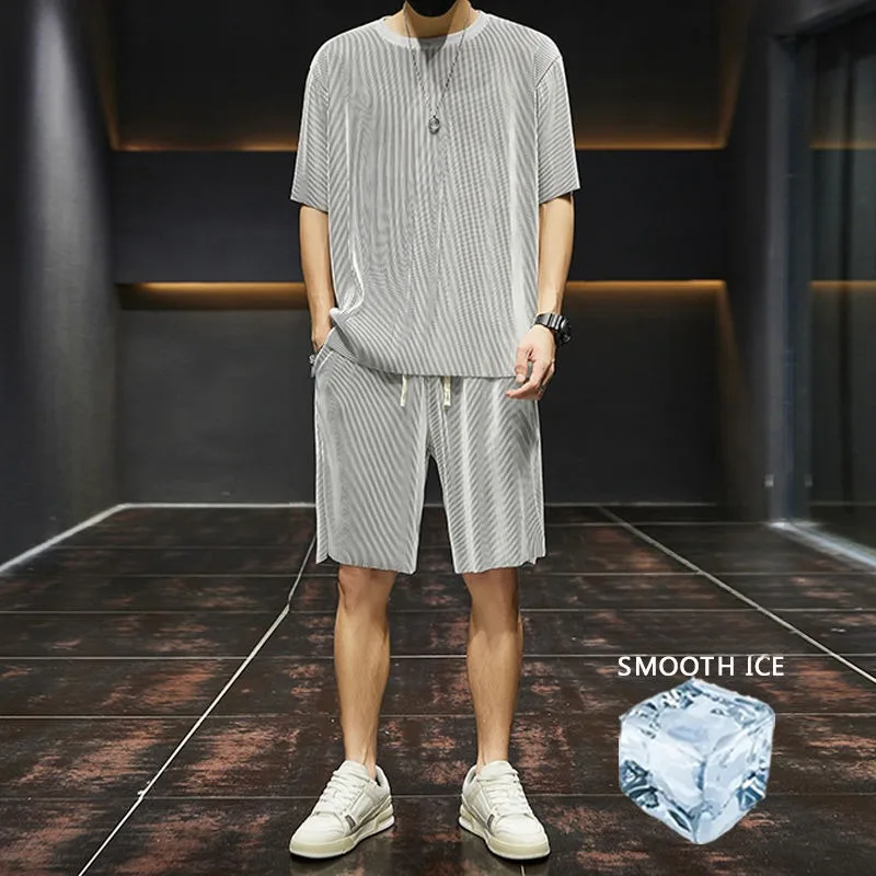 Ice Silk Men Suit Summer Slim Loose Casual Everything Short-sleeved T-shirt and Shorts Two-piece Quick-dry Home Dress Sleepwear