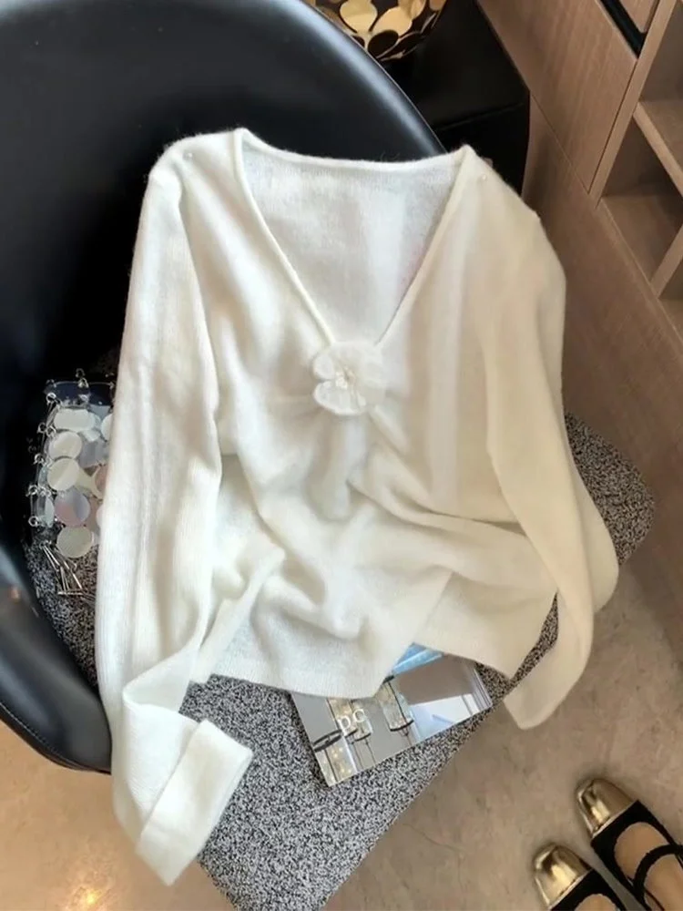 

Вязаный топ Sweet V-Ne с 3D цветочным дизайном, повседневный тонкий рукав для женщин, корейская версия, стандартный крой, длинный све