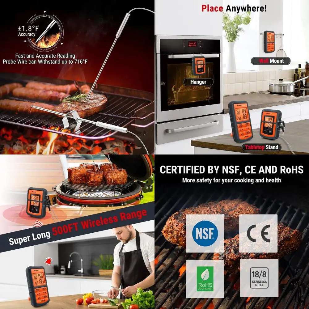 

Dual Probe 500FT Wireless BBQ Meat Thermometer for Grilling, Smoking, and Oven Cooking