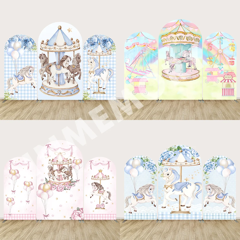 

Carousel Theme Party Arch Cover Blue Pink Floral Balloons Backdrop Decor Boy Girl Baby Shower Arched Wall Background Photo