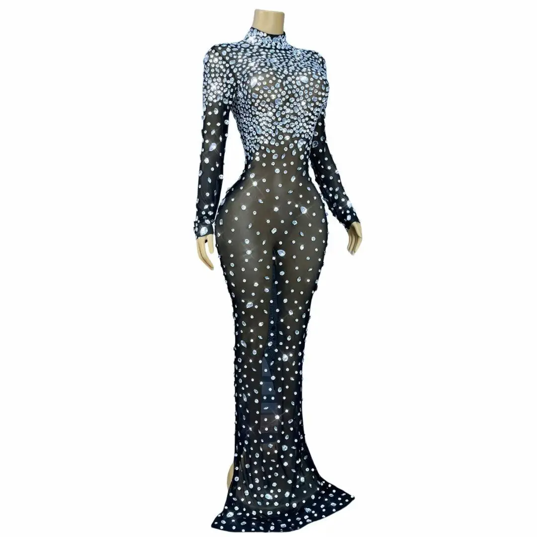 Dashuijing Elegant Women High end Evening Dress Silver Full Diamond Sexy Perspective Mesh Dress Birthday Banquet Cocktail Dress