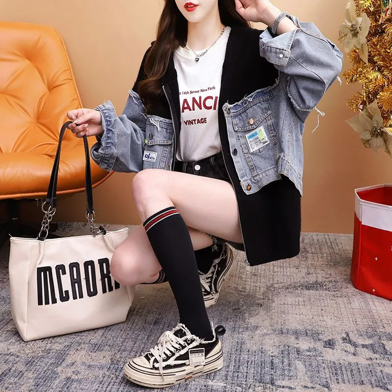 جاكيتات للنساء التلبيب لوحات الدنيم سترة النساء معاطف فضفاضة سترة سميكة سترة مشغولة من الصوف ملابس النساء تريكو