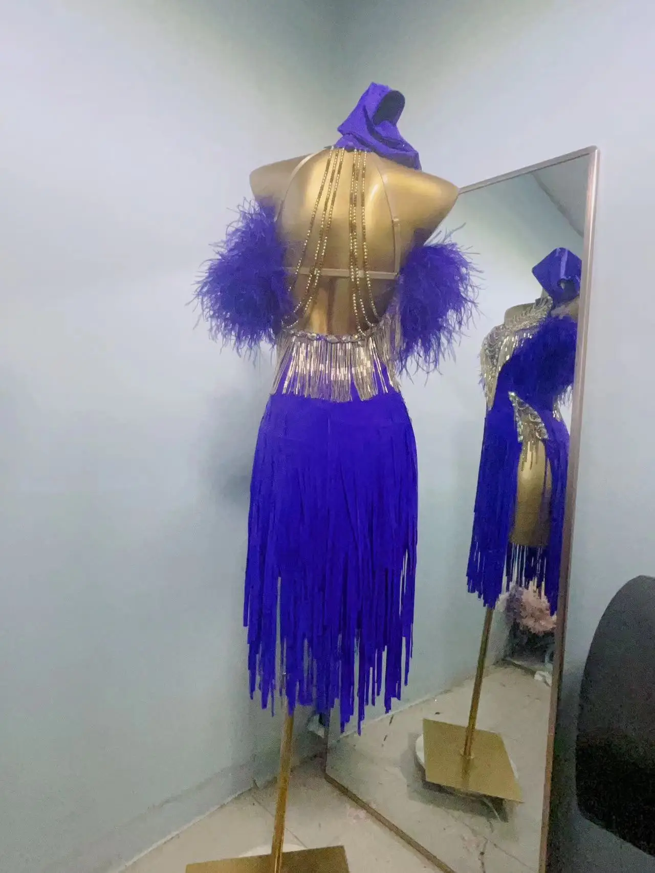 Women's Latin Dance Dress High end Custom Feather Tassel Rumba Cha Tango Performance Professional Diamond Dress Latin Dress