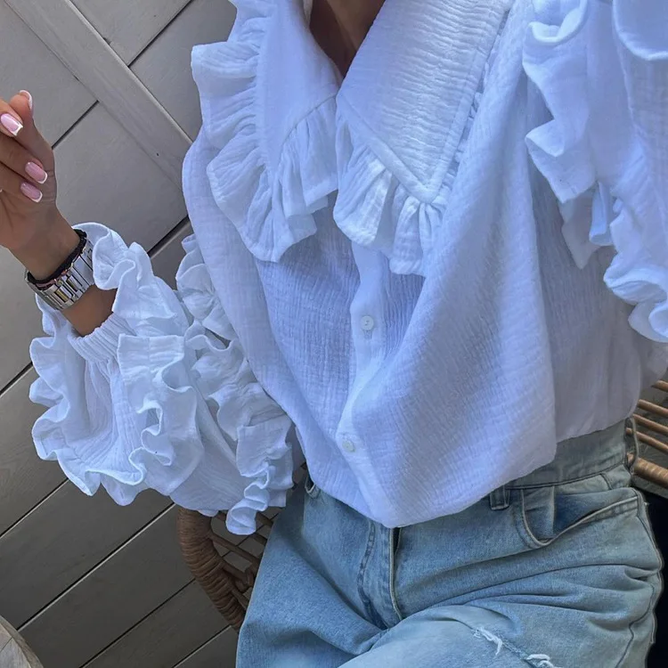 Women's Clothing 2024 Early Spring New Palace Lantern Sleeve Women's Casual Doll Collar Cotton White Shirt