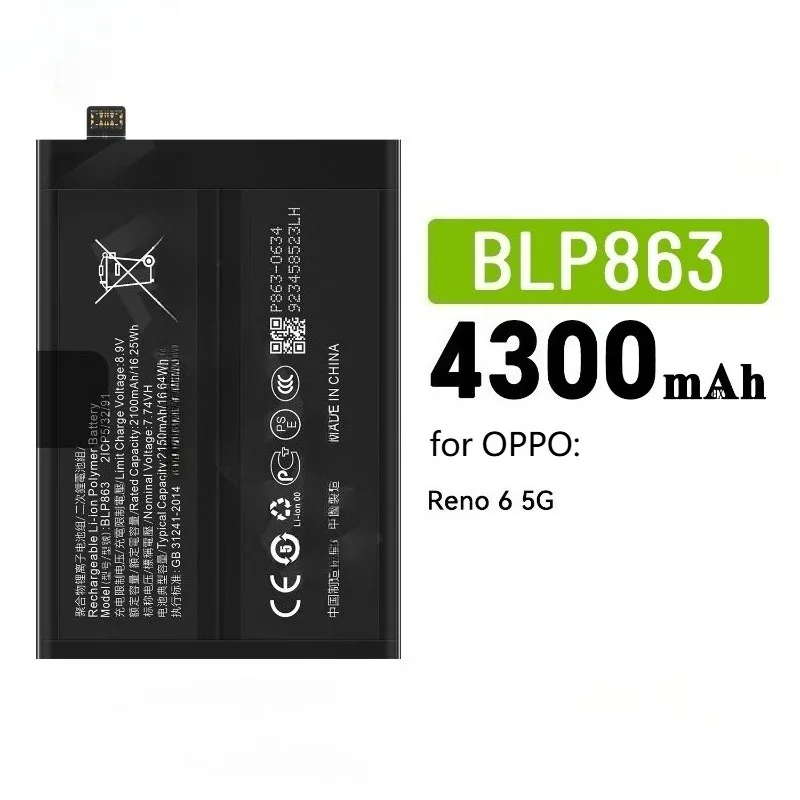4300mAh BLP863 for OPPO Reno 6 5G High‑capacity Replacement Battery for Mobile Phones