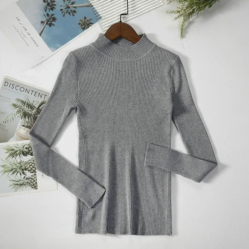 

Autumn Winter Mock Neck Pullovers Tops Women's Sweaters Female Full Sleeve Elastic Casual Skinny Sweater Women Knitted Shirts