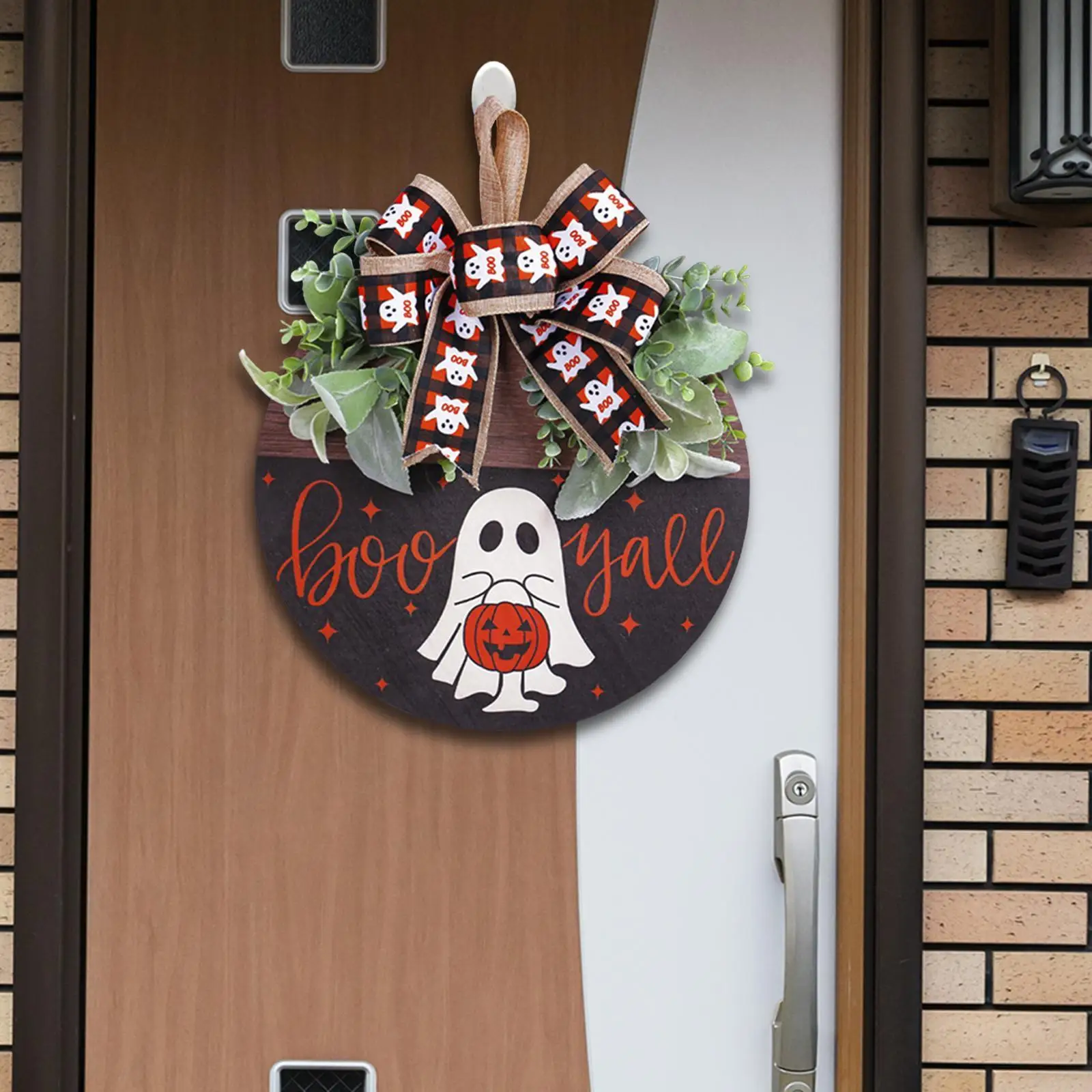Halloween Wooden Door Hanging Sign with Bowknot Rustic Halloween Decor for Office Farmhouse Coffee Shop Indoor Outdoor Wall