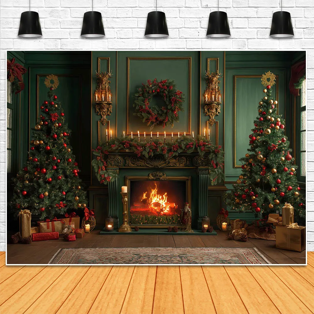 Mocsicka Christmas Green Vintage Wall Family Portrait Background Interior Xmas Decoration Fireplace Xmas Tree Photocall Backdrop