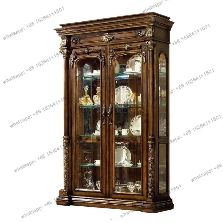 

American all-solid wood wine cabinet living room glass door display wall porcelain cabinet
