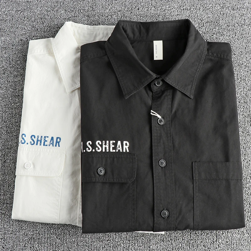 Autumn Japanese Retro Long-Sleeve Woven Letter Printed Cargo Shirt Men's Simple 100% Cotton Washed Double Pocket Casual Blouses