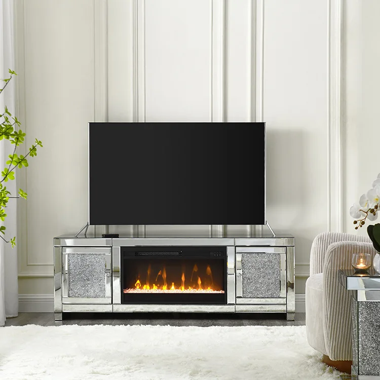 Mueble de TV con espejo plateado con chimenea LED, soporte de TV de lujo con cristal de mercurio, decoración de calefacción de consola multimedia nórdica