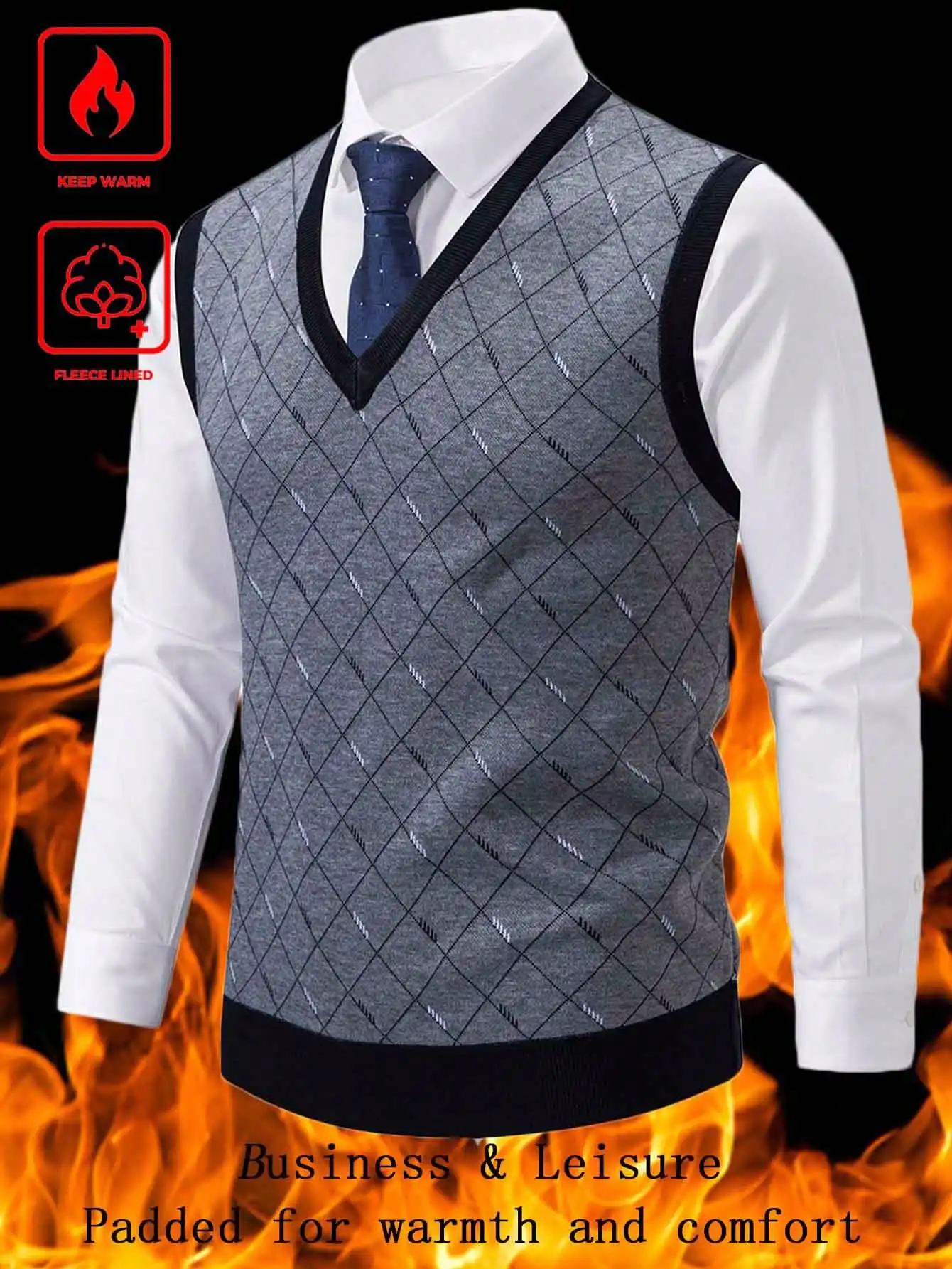 

Men's V-Neck Argyle Knit Vest with Fleece Lining for Fall Winter