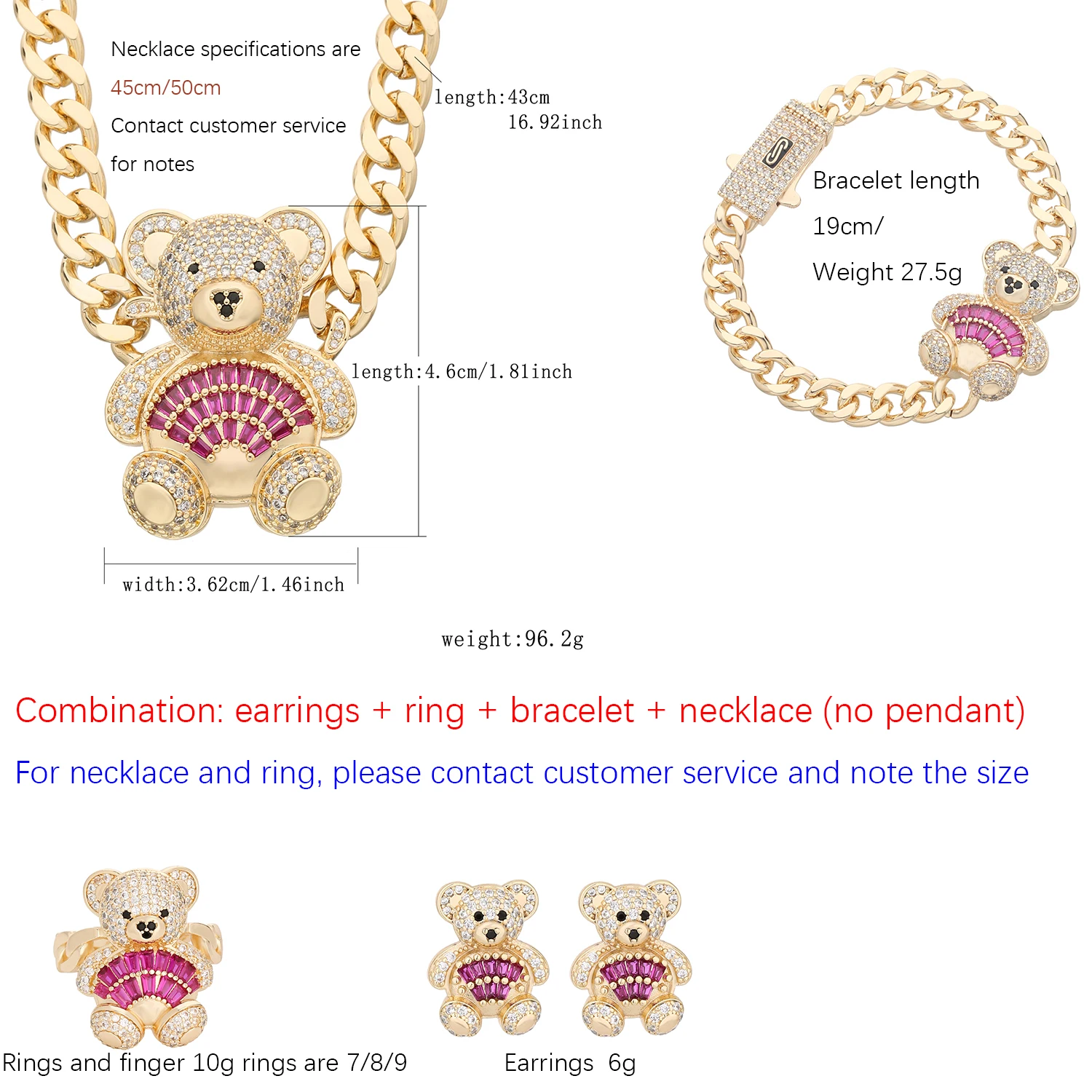 

Pink Women Bear Jewelry Necklace Bracelet Ring Earrings Party Graduation Gift New Year Cute Women Jewelry Set