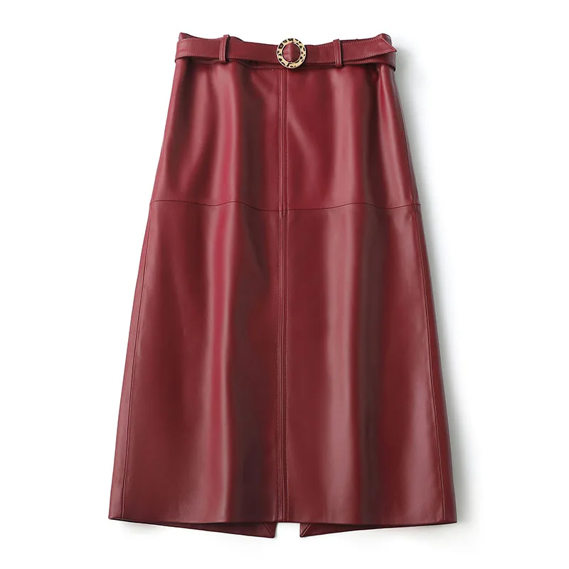 Leather Long Skirt For Women Female Lambskin Leopard Ring Belt Back Slit Hip Wrap Jupe Mujer Versatile White Party Outfits 65cm