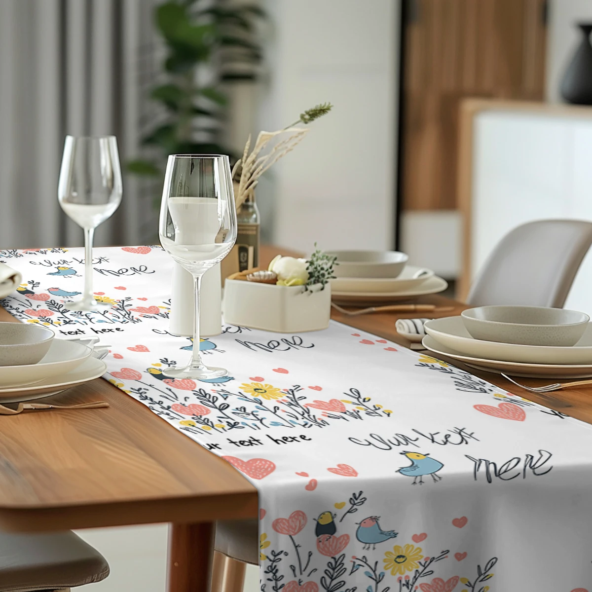 Caton Bird Plant Pattern Love Heart Table Runner Kitchen Table Decor Farmhouse Dining Table Runners Wedding Party Decorations