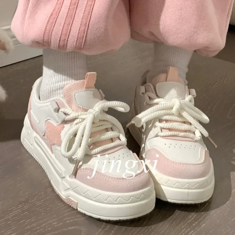 Pink White Sports Shoes Woman Spring Summer 2023 Platform Sneakers Vintage Casual Vulcanize Kawaii Tennis Female Flats