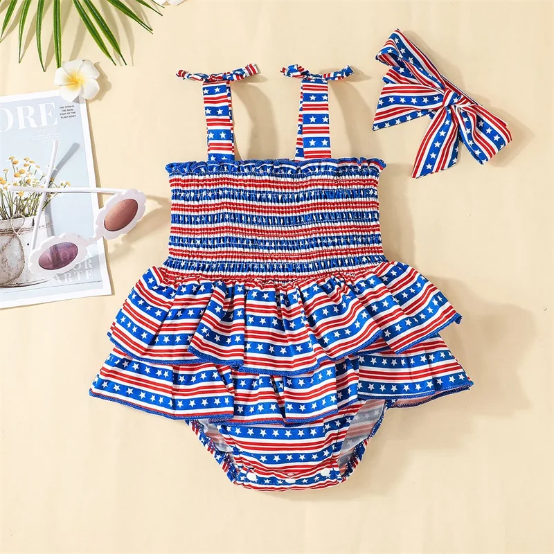 Baby Boys American Flag Rompers Toddler Patriotic Stars Stripes Print Sleeveless Ruffles Sling Bodysuit with Headband