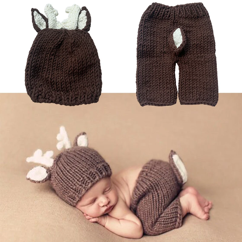 

2pcs/sets Christmas Photography Clothing Cartoon Brown Deer Hat and Crochet Knitted Pants Set Studio Newborn Photoshoot Outfits