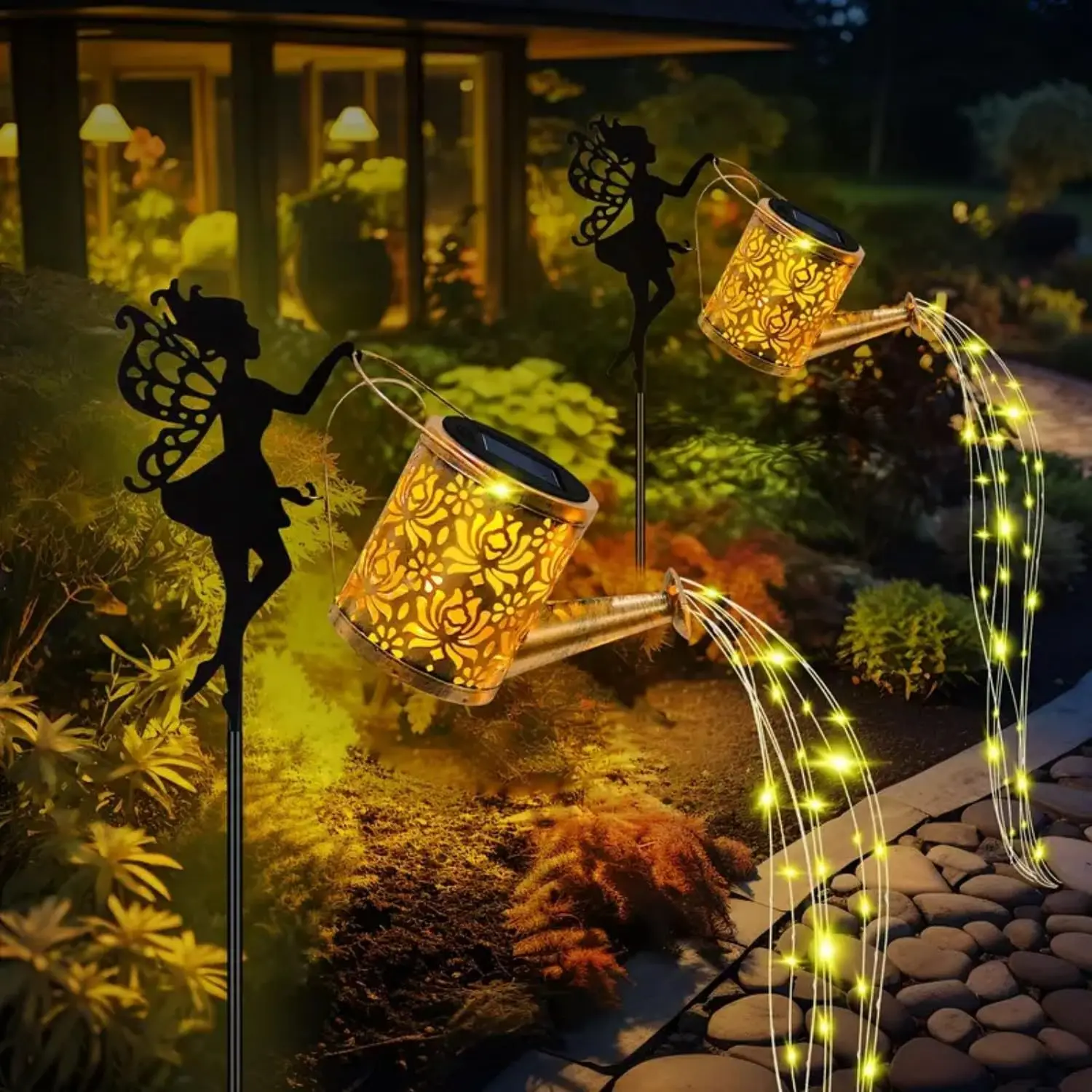 Solar Fairy Watering Can Lights Waterproof Garden Lights Outdoor Hanging LED Solar Kettle Lamp for Patio Villa Path Lawn Decor